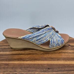 Eric Michael Wedge Sandals Womens 6.5 37 Blue Tan Slip On Braided Cross Strap